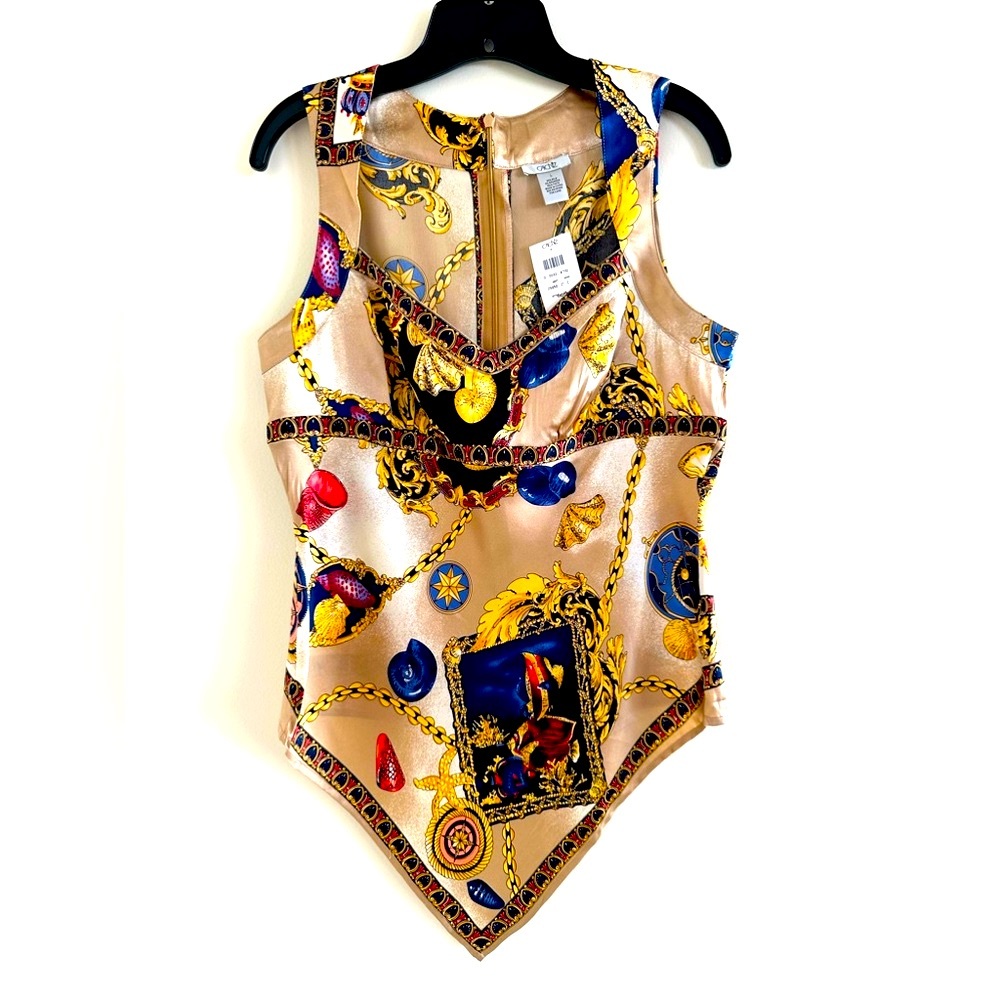 Cache gold & blue multi colored print summer short sleeve blouse size L